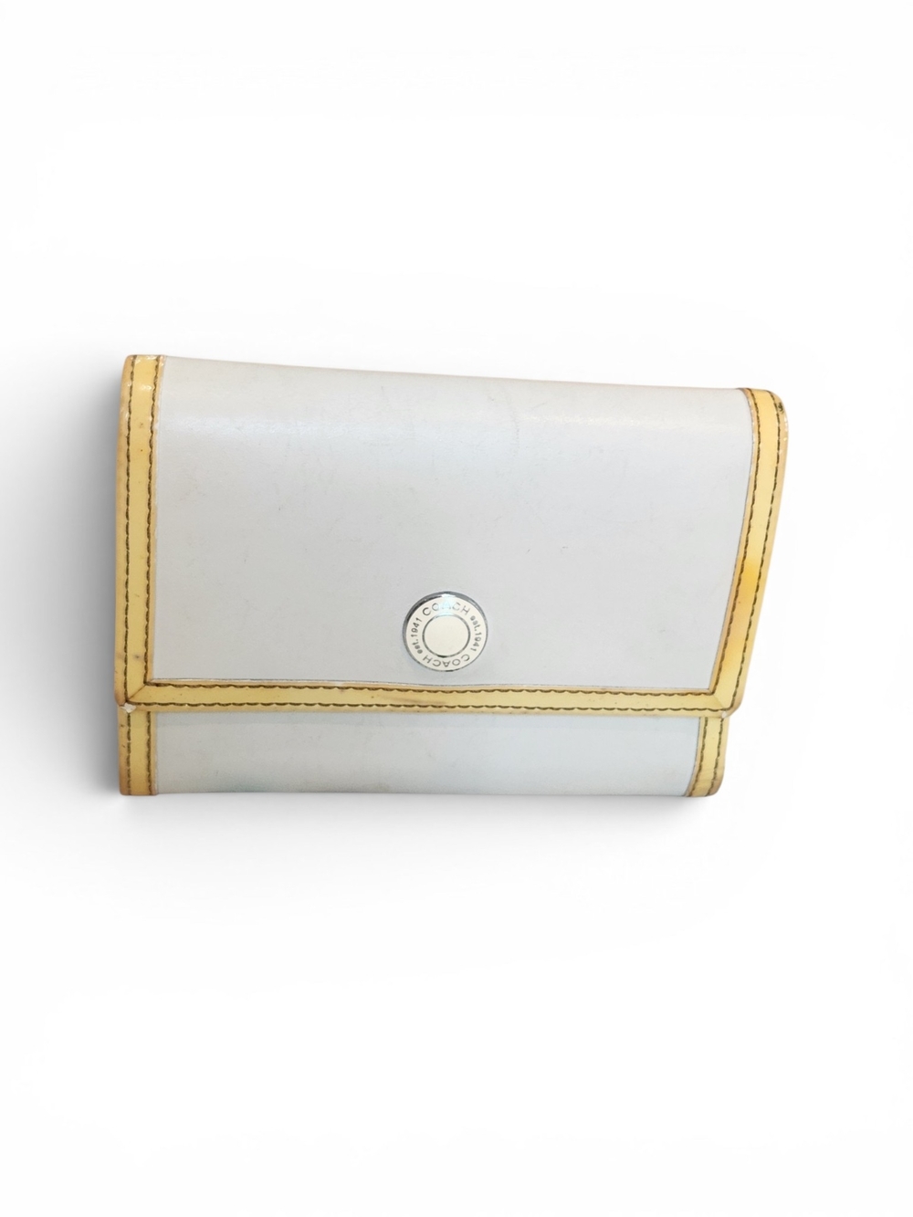 Coach Soft White and Mustard Yellow Leather Trifold Wallet With Coin Zipper - Picture 3 of 9